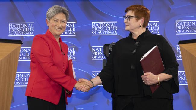 Senators Penny Wong and Marise Payne after their debate at the National Press Club. Picture: NCA Newswire/ Andrew Taylor