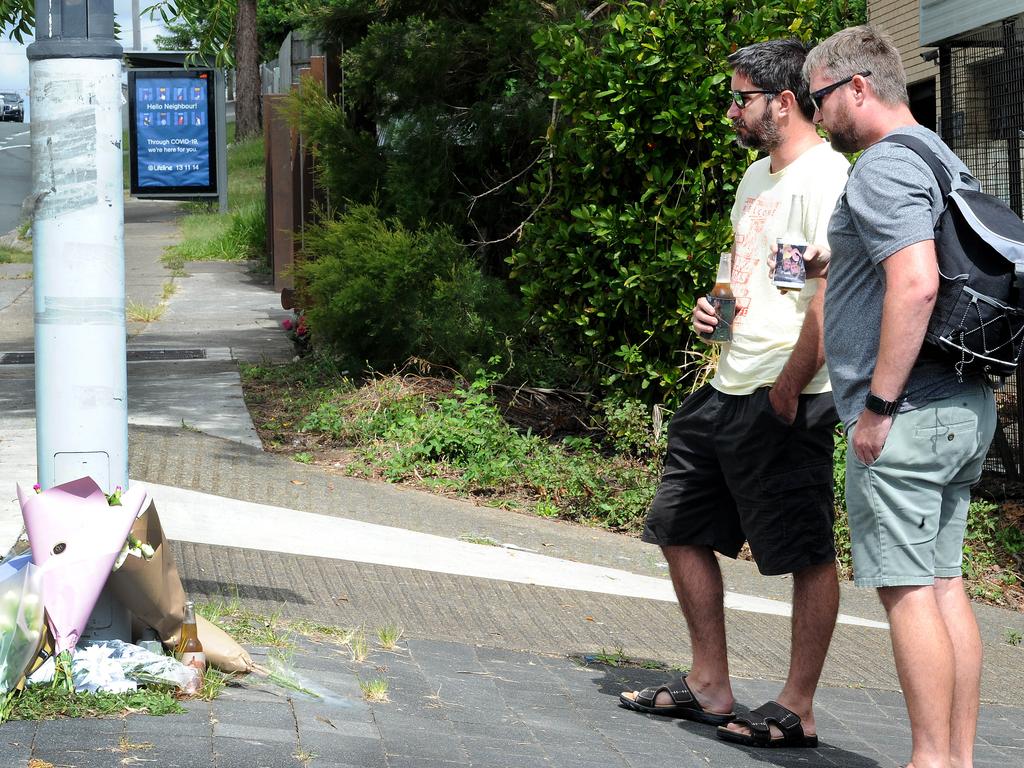 Two mates come and have a last beer for their friend. Picture: John Gass