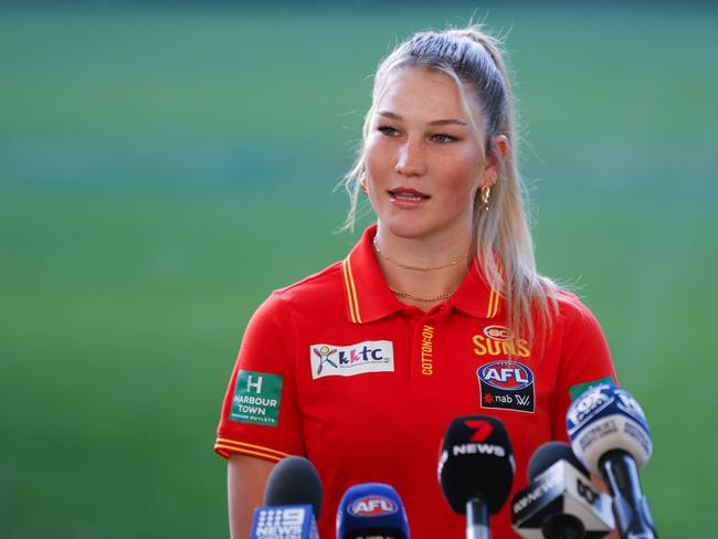 Alana Gee of the Suns speaks with media during the 2022 NAB AFLW Draft Media Opportunity at Marvel Stadium on June 30, 2022 in Melbourne, Australia. (Photo by Michael Willson/AFL Photos via Getty Images)