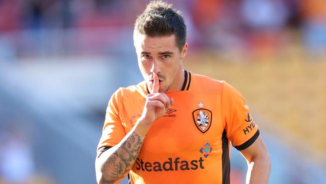 Jamie Maclaren of the Roar celebrates his goal by telling the crowd to be quiet during the A-League match between the Brisbane Roar and the Perth Glory. Pic Darren England.