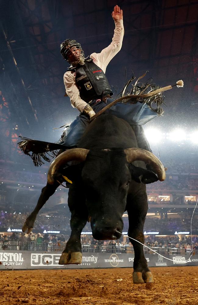 Jeff Askey, riding County Jail, competes in the bull riding event during The American Rodeo in Arlington, Texas. Picture: Al Bello/Getty Images