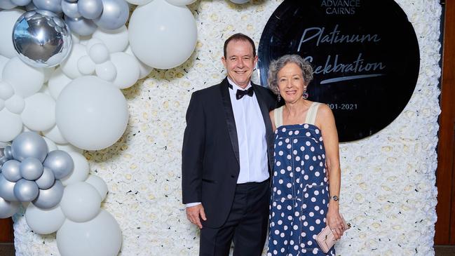 Advance Cairns CEO Dr Paul Sparshott and his wife Susan at the organisation's platinum celebration gala ball at the Cairns Cruise Liner Terminal. PICTURE: SUPPLIED