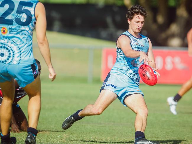 Darwin Buffaloes’ Joseph Collinson kicked three goals in his team's win over Tiwi Bombers in Round 1 NTFL action. Picture: Glenn Campbell