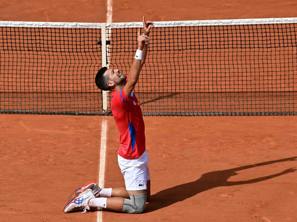 Serbian Novak Djokovic reacts to beating Spain's Carlos Alcaraz in their men's singles final tennis match at Roland-Garros Stadium on August 4. Picture: Miguel Medina/AFP