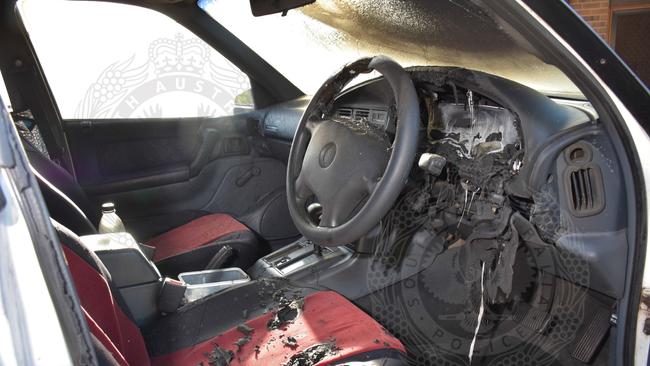 The burnt-out car belonging to murder victim Geoffrey McLean. Picture: SA Police