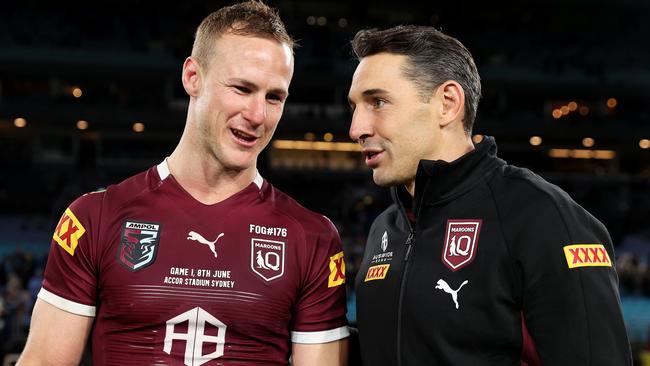 300-game Manly captain Daly Cherry-Evans and Billy Slater were the victims of a Cooper Johns prank. Picture: Mark Kolbe/Getty Images