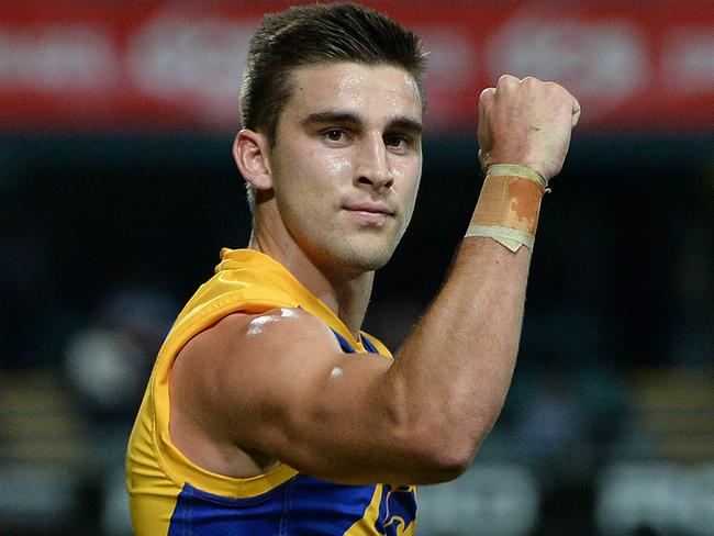 SPORT - AFL, West Coast Eagles vs Richmond Tigers, Subiaco Oval, Perth. Photo by Daniel Wilkins. PICTURED- Eagle's Elliot Yeo celebrates a goal from the sidelines in the second term