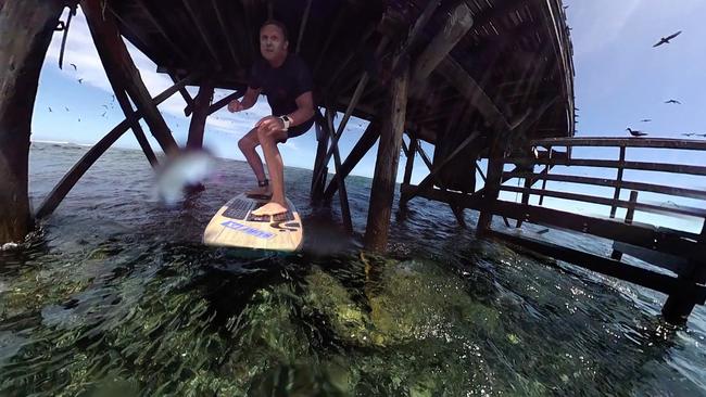 Rob Pirie foiling through the contest scaffolding on the reefs of the famous Tavarua Cloudbreak on a recent trip to Fiji. Picture: Supplied