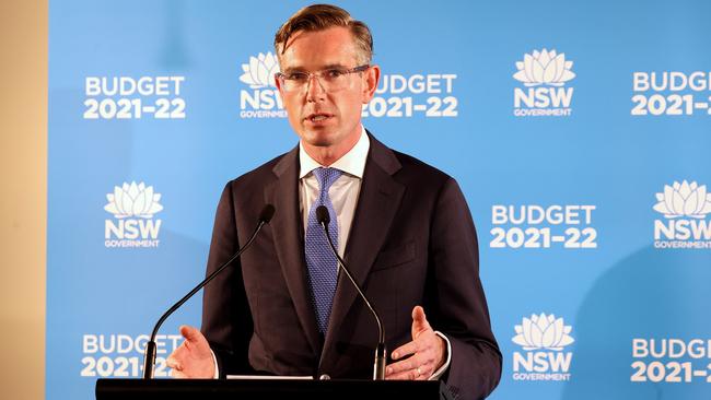 NSW Treasurer, Dominic Perrottet gives his 2021-22 budget media conference at the NSW Treasury Offices in Sydney. Picture: NCA NewsWire / Dylan Coker