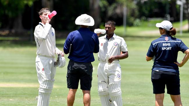 BSHS boys Jack Sonter and Miron Nanayakkarawasam at the drink break. Picture, John Gass