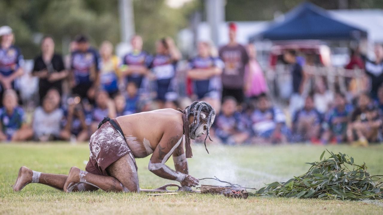 Thulaida takes part in the smoking ceremony and dance by Murabirigururu Aboriginal Dancers. 2023 TRL Cultural Cup, SW Qld Emus vs Pacific Nations Toowoomba. Saturday, February 25, 2023. Picture: Nev Madsen.