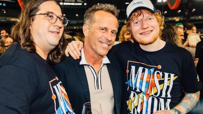 Hunters and Collectors frontman Mark Seymour with Sheeran and Matt Gudinski.