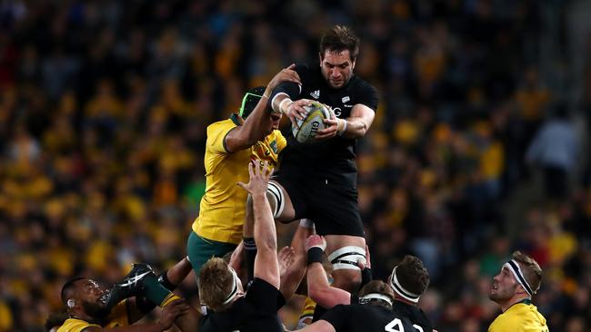 SYDNEY, AUSTRALIA — AUGUST 18: Sam Whitelock of the All Blacks takes a lineout ball during The Rugby Championship Bledisloe Cup match between the Australian Wallabies and the New Zealand All Blacks at ANZ Stadium on August 18, 2018 in Sydney, Australia. (Photo by Cameron Spencer/Getty Images)