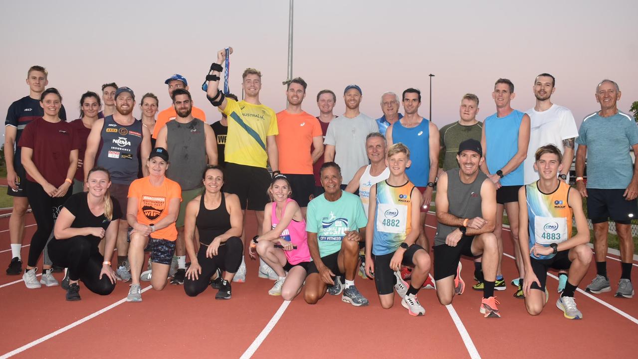 Olympic bronze medallist Ash Moloney with a Mackay running group at the Mackay Aquatics and Recreation Centre, September 15, 2021. Picture: Matthew Forrest