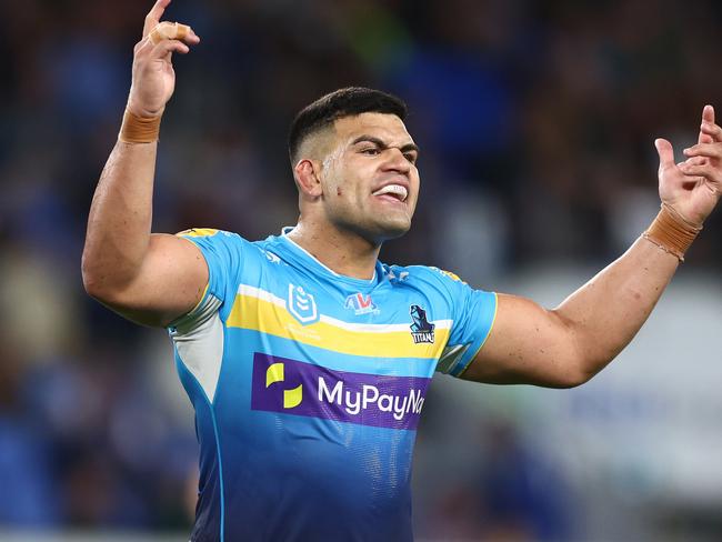 GOLD COAST, AUSTRALIA - AUGUST 04: David Fifita of the Titans reacts during the round 23 NRL match between Gold Coast Titans and New Zealand Warriors at Cbus Super Stadium on August 04, 2023 in Gold Coast, Australia. (Photo by Chris Hyde/Getty Images)