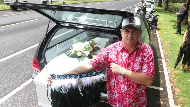 Glenn Wiremu Taiapa in front of the hearse carrying his boy. Three-year-old Tiwanaku Pineamine Taiapa drowned in a septic tank at Koah on January 2. Picture: Peter Carruthers