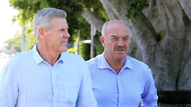 GOLD COAST, AUSTRALIA – April 16, 2021: Former Queensland and Australian Rugby League greats Gene Miles (L) and Wally Lewis (R) arrive for the funeral service for Australian Rugby league great Tommy Raudonikis held at the Sacred Heart Catholic Church at Clear Island Waters on the Gold Coast Picture: NCA NewsWire/Scott Powick