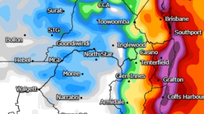 Accumulated rainfall totals for NSW from the GFS Model.