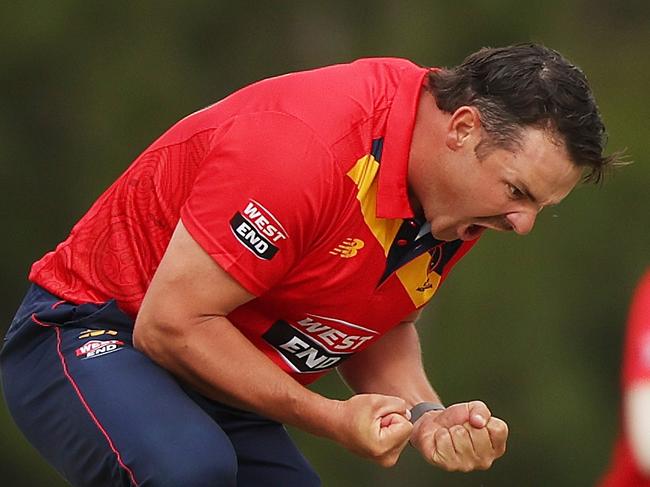 SYDNEY, AUSTRALIA - SEPTEMBER 24: Ben Manenti of South Australia celebrates taking the wicket of Ashton Turner of West Australia during the ODC match between Western Australia and South Australia at Cricket Central, on September 24, 2024, in Sydney, Australia. (Photo by Mark Metcalfe/Getty Images)