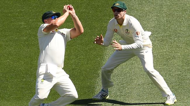 Aaron Finch takes the catch at third slip to dismiss KL Rahul. Picture: Getty