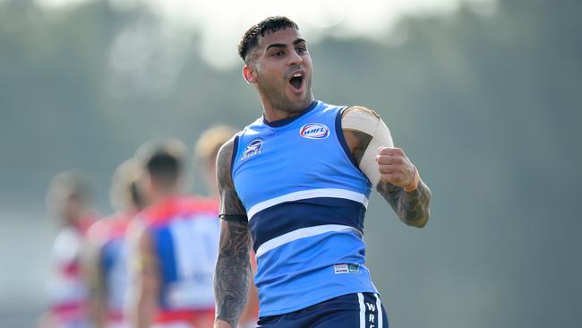 Mark Galea of the Point Cook Centrals celebrates kicking a goal during the round four WFNL TIV Division 1 Senior Mens match between the Point Cook Centrals and Point Cook. Photo by Josh Chadwick