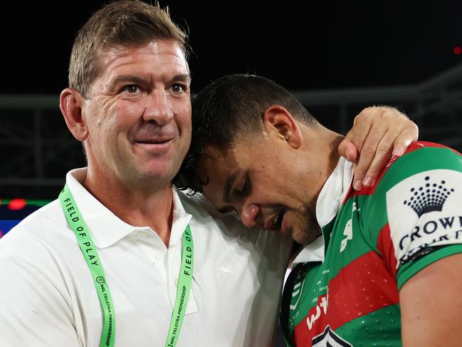 SYDNEY, AUSTRALIA - MARCH 25:  Latrell Mitchell of the Rabbitohs celebrates with Rabbitohs head coach Jason Demetriou after victroy during the round four NRL match between South Sydney Rabbitohs and Manly Sea Eagles at Accor Stadium on March 25, 2023 in Sydney, Australia. (Photo by Mark Metcalfe/Getty Images)