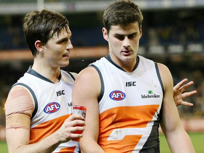 GWS co-captain Phil Davis chats with Tom Boyd. Picture: Colleen Petch