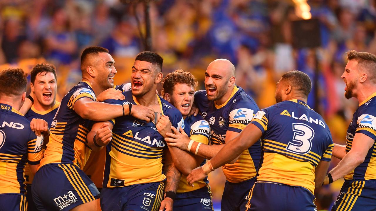 The Eels celebrate Oregon Kaufusi's try 