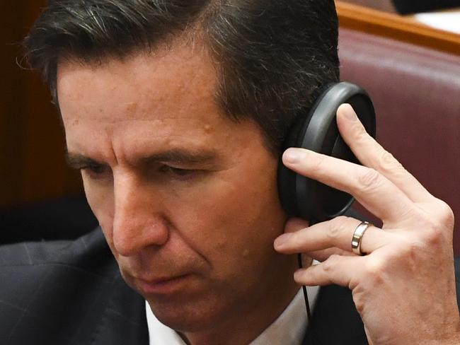 Australian Trade Minister Simon Birmingham speaks during Senate Question Time at Parliament House in Canberra, Wednesday, May 13, 2020. (AAP Image/Lukas Coch) NO ARCHIVING