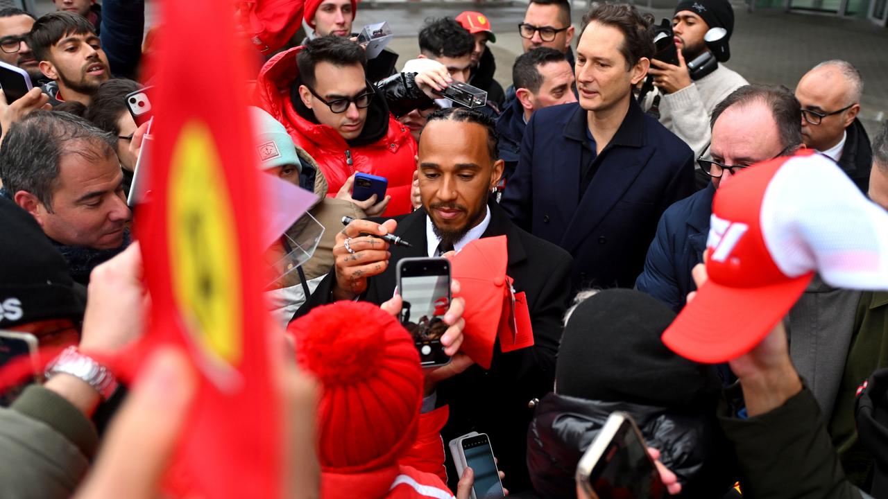 Lewis Hamilton greets fans in Fiorano Modenese, Italy in his first days with Ferrari. (Photo by Rudy Carezzevoli/Getty Images)