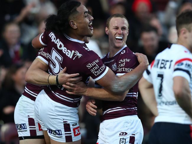 SYDNEY, AUSTRALIA - JULY 02: Daly Cherry-Evans of the Sea Eagles celebrates scoring a try during the round 18 NRL match between Manly Sea Eagles and Sydney Roosters at 4 Pines Park on July 02, 2023 in Sydney, Australia. (Photo by Jason McCawley/Getty Images)