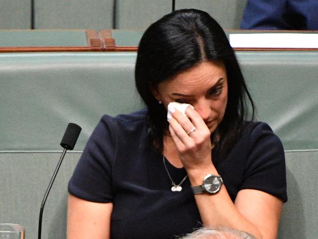 Husar tears up as Bill Shorten delivering the National Apology to survivors of child sexual abuse. Picture: AAP