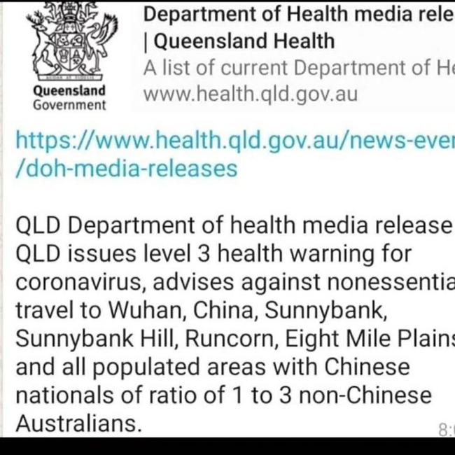 The fake Queensland Health notice warns Queenslanders of Coronavirus contamination. Image: supplied.