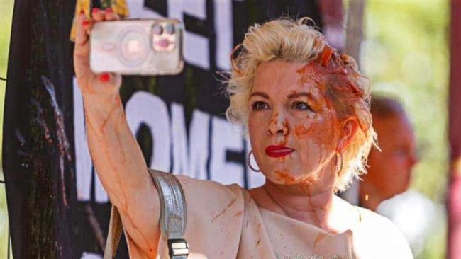 British activist Kellie-Jay Keen aka Posie Parker is drowned out by trans-rights supporters at Albert Park where she was holding a rally. Picture: Twitter