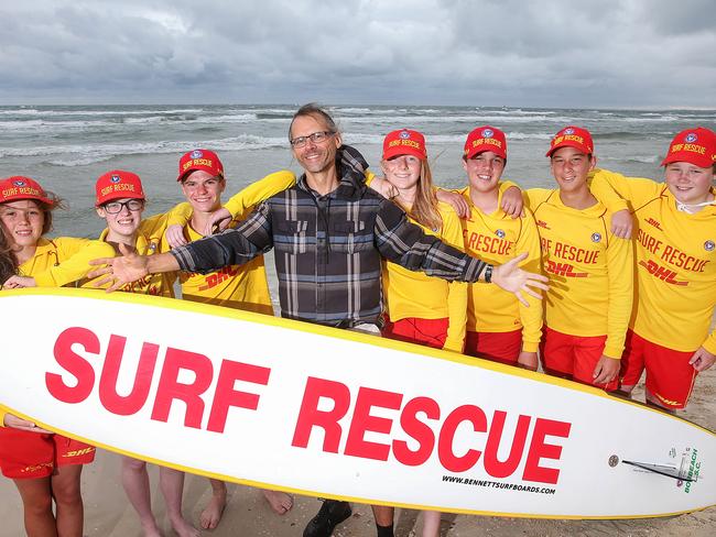 Bonbeach Life Saving Club nippers Elsie Zvara, Felicity Weston, Lachie Stacey, Isabelle Walterfang, Merlin Barnes, Max Reindel and Ryan Talbot with Art Pashchuk who they helped rescue. Picture: Ian Currie