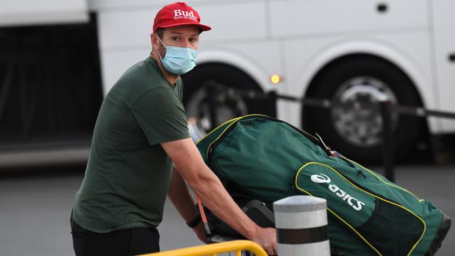 Australian cricketer Andrew Tye arrives at Sydney International Airport after leaving the Indian Premier League. Picture: Jeremy Piper