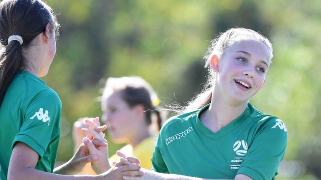 Football Queensland Community Cup carnival, Maroochydore. U13-14 girls, Sunshine Coast V Darling Downs. Picture: Patrick Woods.