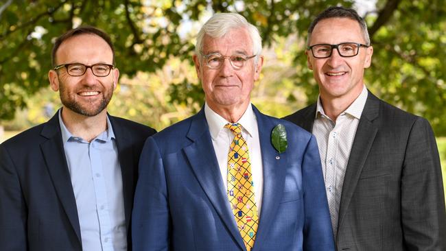 Greens Leader Adam Bandt, Julian Burnside and former Greens leader Richard Di Natale. Picture: AAP