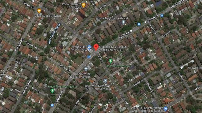 A Google Maps view of the intersection and crossing on Frederick St and John St in Ashfield.