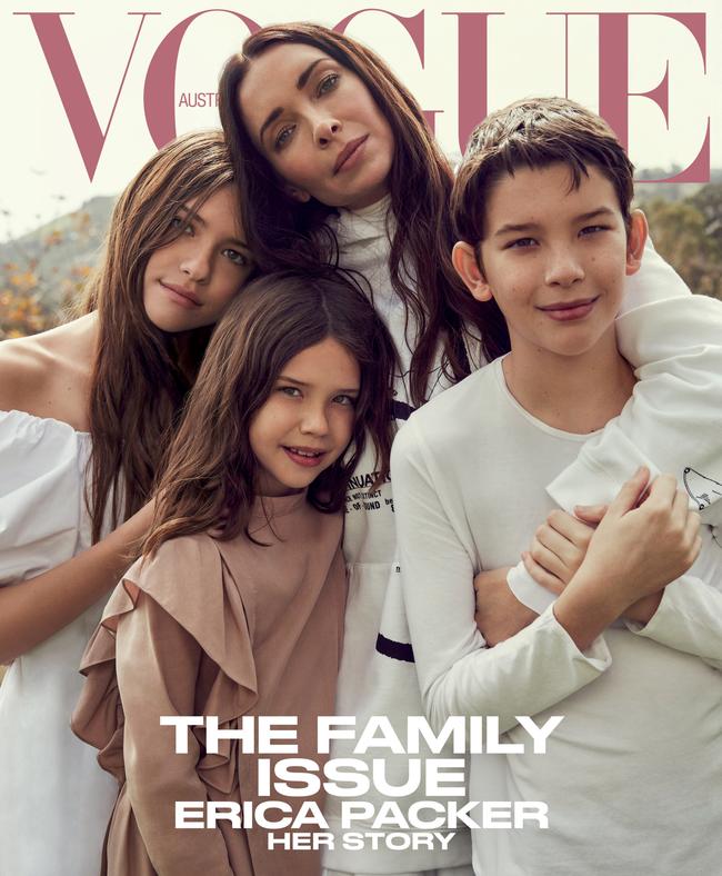 Erica Packer and her three children on the cover of Vogue Australia’s May issue. Picture: Williams + Hirakawa for Vogue Australia