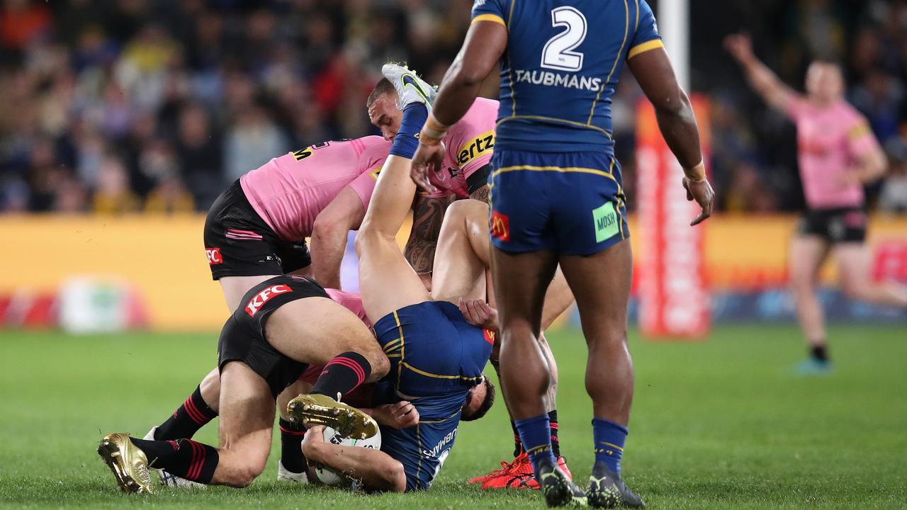 Dylan Brown was driven head-first into the ground. (Photo by Joshua Davis/Getty Images)