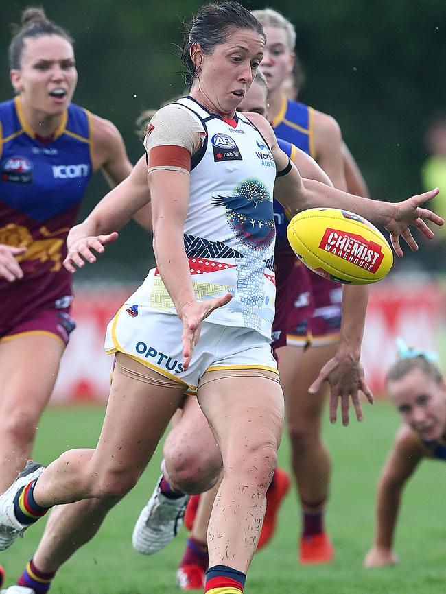 Crow Renee Forth gets a kick away against the Lions last week. Picture: JONO SEARLE (Getty Images).