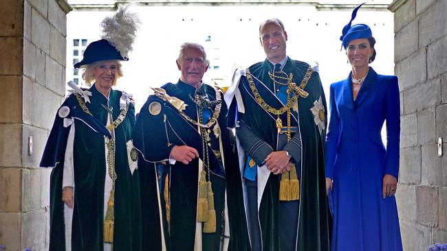 Queen Camilla, King Charles III, Prince William and Princess of Wales at the Palace of Holyroodhouse after a National Service of Thanksgiving and Dedication to the coronation of King Charles III and Queen Camilla at St Giles' Cathedral on July 5, 2023 in Edinburgh, Scotland. Picture: Getty Images