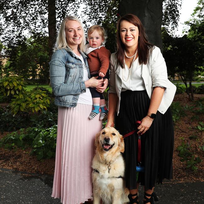 From left, Liz Roberts with son Elliott, 1, and her dog Penny the golden retriever with her good friend Amanda Thompson. Picture: NIKKI DAVIS-JONES