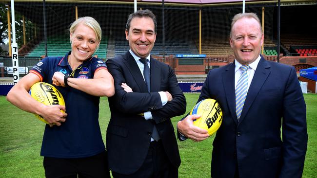 Adelaide Crows AFLW star Erin Phillips, Premier Steven Marshall and Adelaide Crows chairman Rob Chapman pose for a photo in 2018 after the State Government announced its continued funding of the club’s AFLW team. Picture: AAP/Mark Brake