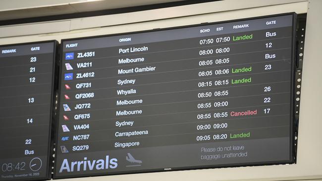 The Virgin flight to Sydney showing as cancelled at the Adelaide airport on Thursday. Picture Mark Brake