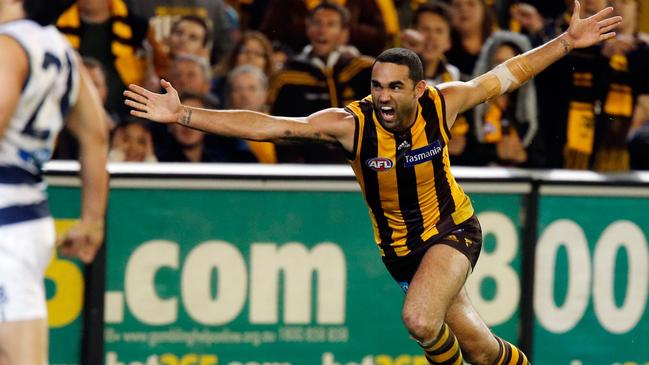 Shaun Burgoyne celebrates his matchwinning goal in the 2013 preliminary final. Pic: AFL Media