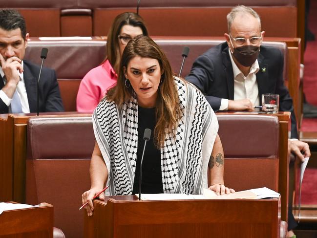 Ms Thorpe continued to yell ‘from the river to the sea’ in the chamber moments after the chant was banned. Picture: Martin Oldman