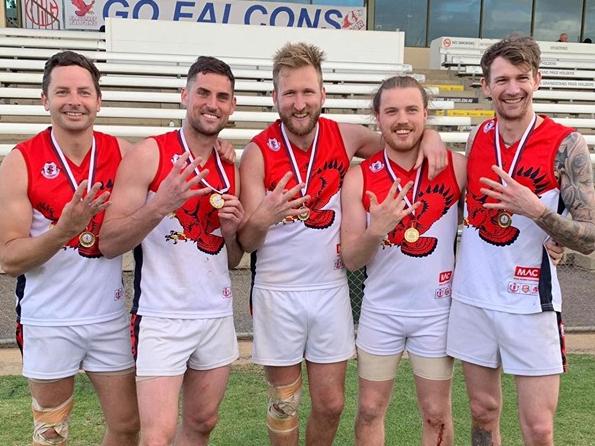 left: Daniel Butcher, David Kearsley, Brad Kirk, Sam Osmond and Mitch Fazekas have played in Flagstaff Hill Football Club's four consecutive A grade flags.