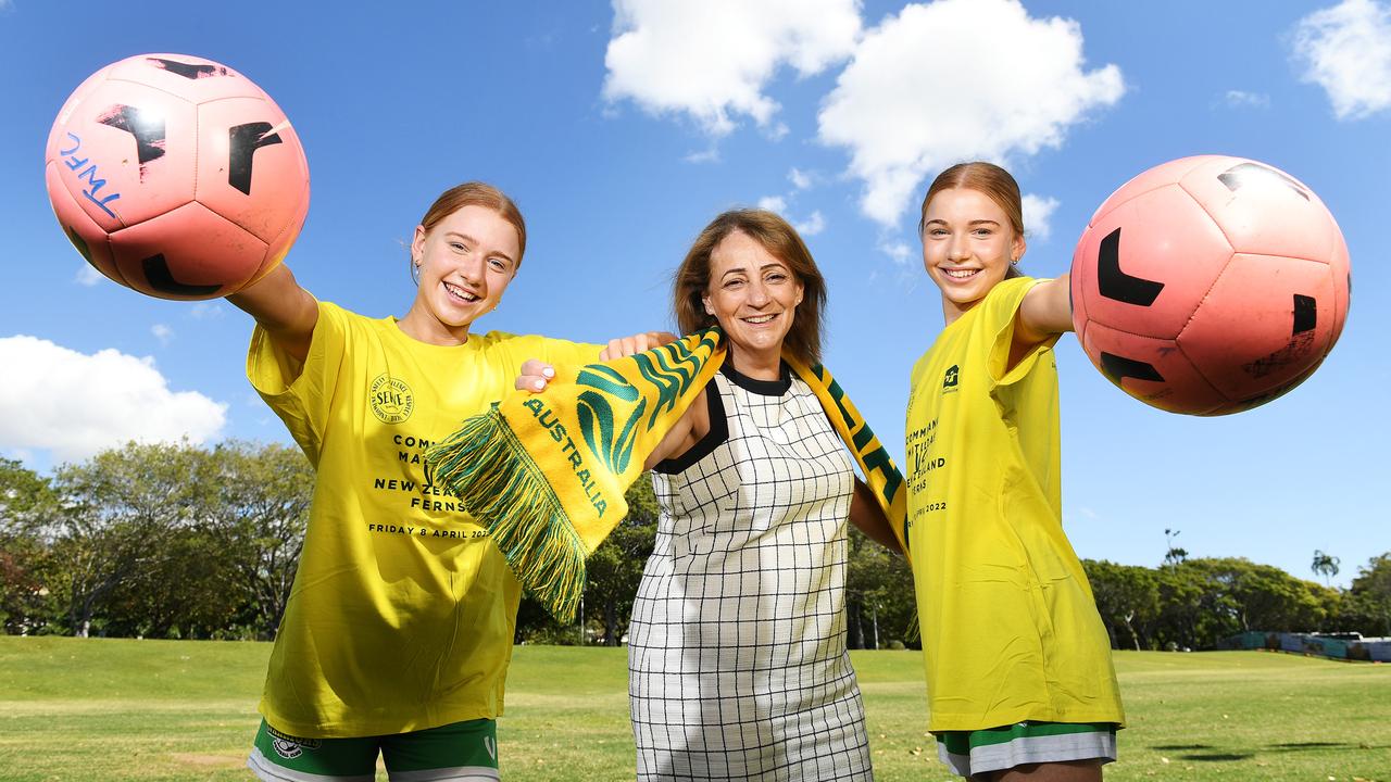 2023: Local football juniors Milla and Sophie Hannay, 14, with Mayor Jenny Hill at Strand Park where Council are showing the Matildas world cup match this Saturday. Picture: Shae Beplate